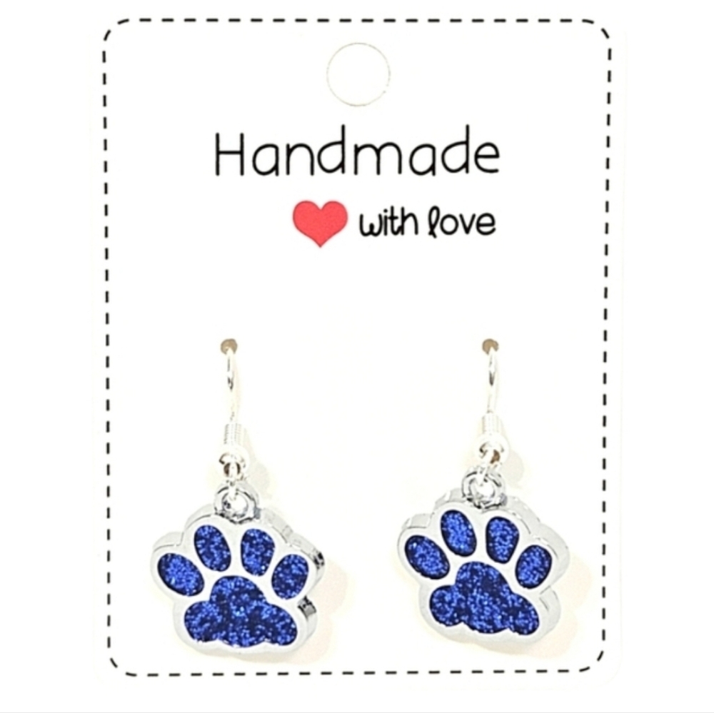Blue Glitter Paw Print Dangle Earrings Pet Lover Jewelry - Picture 3 of 4
